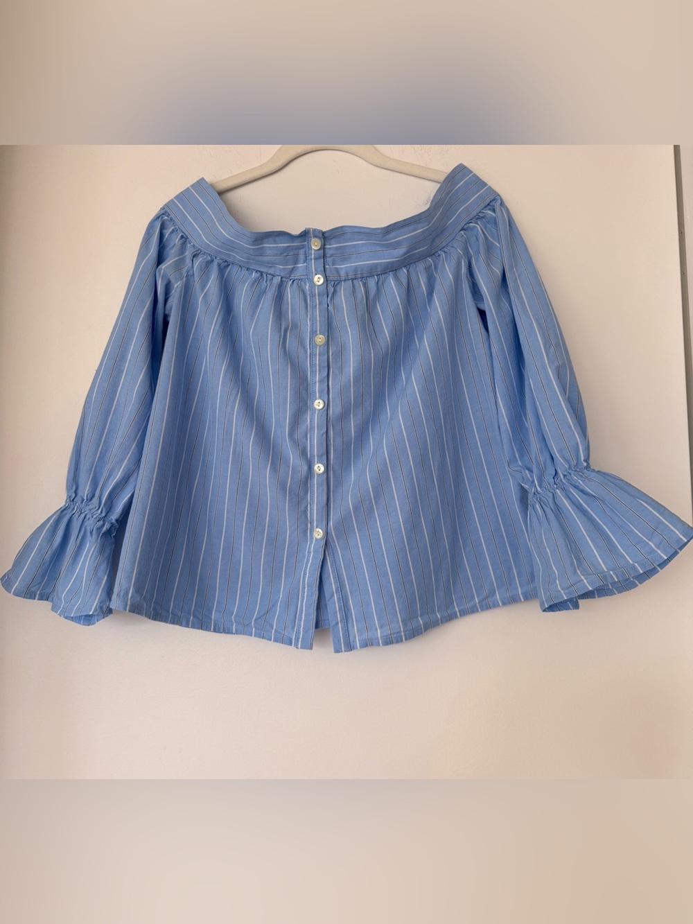Striped Off-Shoulder Blue Button-Back Top - Picture 3 of 7
